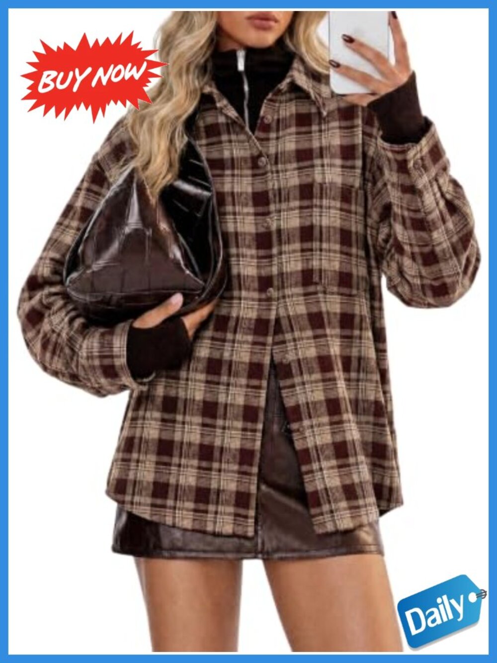 Womens Button Down Plaid Shacket Long Sleeve Shirt Tops